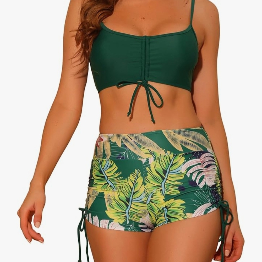 Green Tropical Print Women's Swim Set